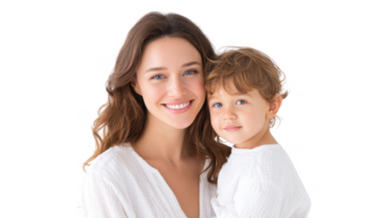 A joyful mother holding her young child close. both smiling brightly against a soft white background. capturing a moment of love and connection perfect for family-themed visuals