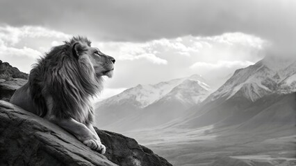 Obraz premium Majestic black and white lion surveying snowy mountains under cloudy sky