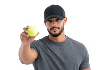 A confident young man in a gray t-shirt and black cap holds a bright yellow tennis ball in front of him. showcasing his enthusiasm for the sport against a clean white background