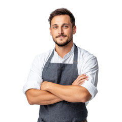 A confident male chef wearing a gray apron stands with crossed arms. showcasing his culinary skills in a bright. minimalist kitchen environment. perfect for cooking-related content