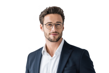 Confident young man in a tailored suit and glasses stands against a minimalist background. exuding professionalism and approachability. ideal for business and corporate themes