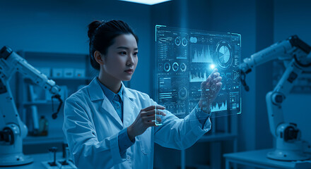 Scientific Study: A focused scientist in a laboratory, meticulously analyzing a vial while interactive data interfaces display complex scientific information.