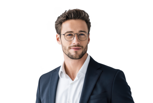 Confident young man in a tailored suit and glasses stands against a minimalist background. exuding professionalism and approachability. ideal for business and corporate themes