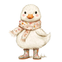 Watercolor clipart of little winter duck with  printed a cute scarf