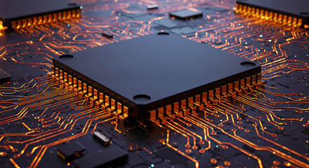 Tech's Core: A macro view of a modern computer processor, symbolizing technological advancement, computational power and digital connectivity.