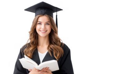 A smiling graduate wearing a black cap and gown holds an open book. symbolizing achievement and education. with a clean white background enhancing the celebratory atmosphere