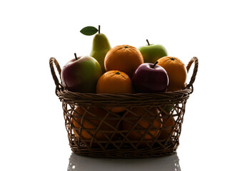 Fruit Basket with Apples, Oranges, and Pear in Wicker Container | Healthy Food Still Life for Nutrition and Wellness Advertising