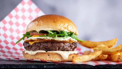 Juicy beef burger with cheese, fried egg, greens, and tomato on a brioche bun, served with crispy golden fries on a checkered paper