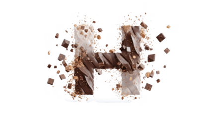 A dynamic and visually striking representation of the letter 'H' made from rich chocolate. surrounded by flying chocolate pieces and crumbs. creating an energetic and appetizing atmosphere