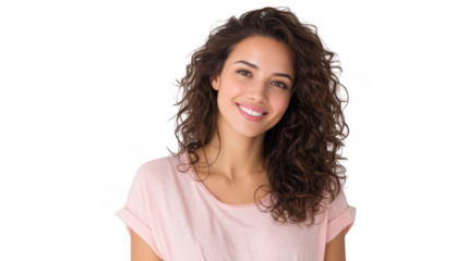 A smiling young woman with curly hair wearing a light pink shirt. standing against a neutral background. exuding confidence and warmth. perfect for lifestyle and beauty themes