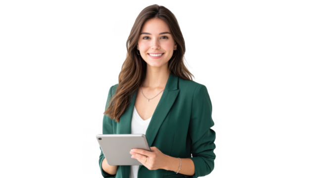 Young professional woman smiling confidently while holding a tablet in a bright. minimalistic office setting. with a soft focus on the background. ideal for business or technology-related content
