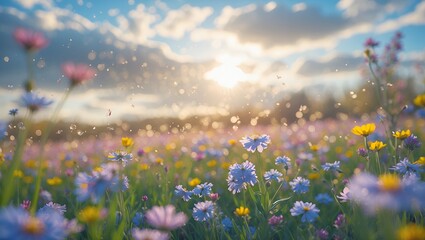 Obraz premium Vibrant Wildflower Meadow Blooming Under Sunny Sky in Spring Season