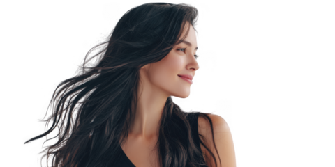 A serene portrait of a young woman with flowing hair. gazing thoughtfully to the side. set against a minimalist background that enhances her natural beauty and elegance