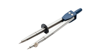 A pair of metallic drawing compasses,  isolated on a white background.