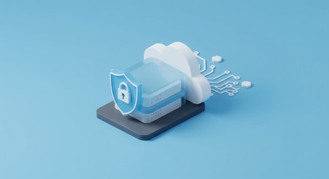 Secure Cloud Server Data Protection 3D Render of Cloud Computing Security