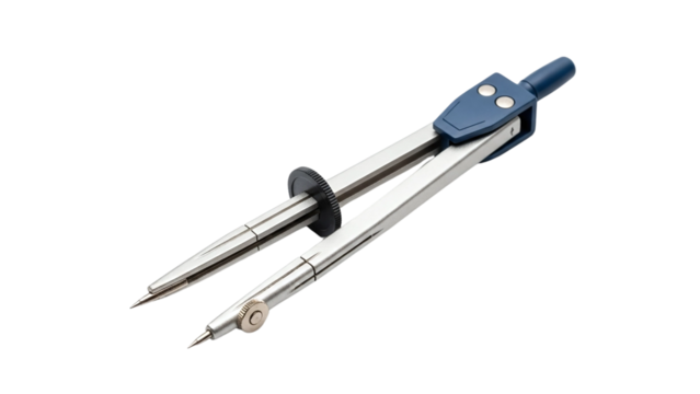 A pair of metallic drawing compasses,  isolated on a white background.