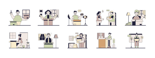 Unboxing illustrations set. Flat vector illustrations concept.