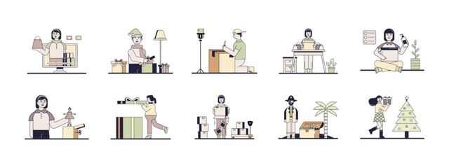 Unboxing illustrations set. Flat vector illustrations concept.