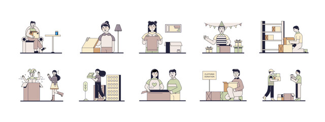 Unboxing illustrations set. Flat vector illustrations concept.