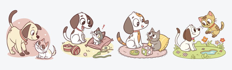 Cute cartoon puppies and kittens playing together in fun scenes — perfect for kids' designs, storybooks, pet-themed products design vector.