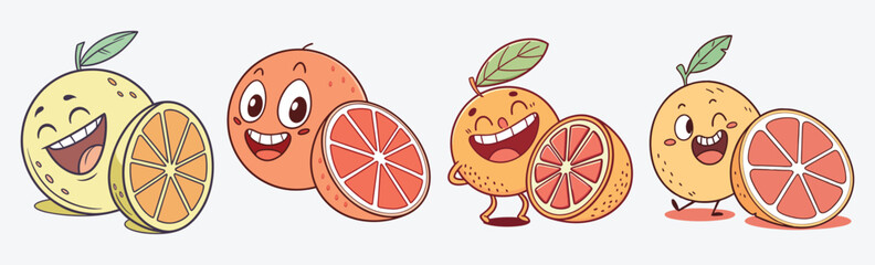 Cheerful cartoon citrus fruits with happy faces and sliced halves, perfect for children's designs, healthy lifestyle themes.