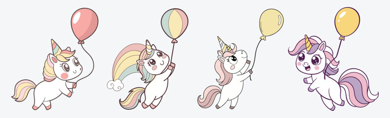 Adorable cartoon unicorns flying with balloons in pastel colors—perfect for kids' party themes, nursery decor, greeting cards, and magical designs.