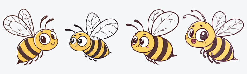 Adorable cartoon bee characters with big eyes and happy expressions, perfect for children's books, educational designs vector.