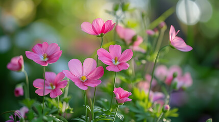 Fototapeta premium Pink anemone flowers bloom in a lush green garden with soft lighting creating a dreamy and peaceful atmosphere