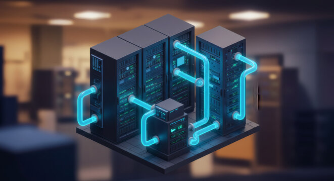 Futuristic Data Center Network Server Racks with Glowing Blue Connections