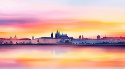 Beautiful Watercolor Painting of Sunset Over Prague Castle and River Reflection