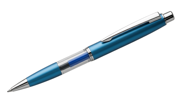 A close-up studio shot of a shiny blue pen with silver accents.
