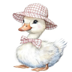 Watercolor clipart of summer duck with checkered had and checkered bow