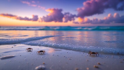 Obraz premium Crabs walking on sandy beach during vibrant colorful sunset