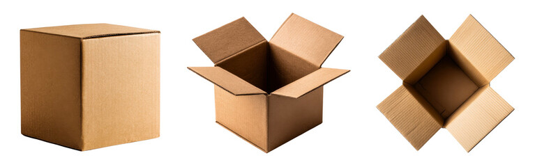 Collection of plain cardboard shipping boxes for packaging mockups isolated on a white or transparent background