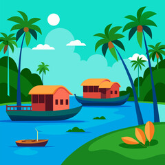 Boat on the beach vector landscape nature background.