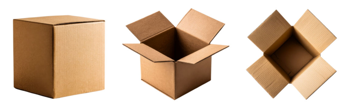 Collection of plain cardboard shipping boxes for packaging mockups isolated on a white or transparent background - Powered by Adobe