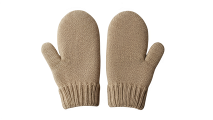 Two beige knitted mittens are displayed on a white background, showing the front of each glove.