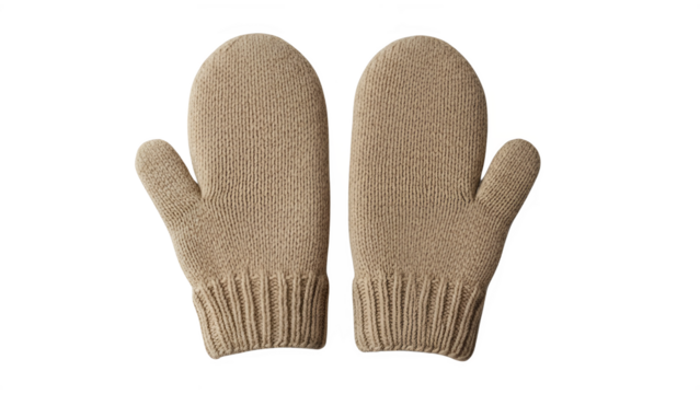 Two beige knitted mittens are displayed on a white background, showing the front of each glove.