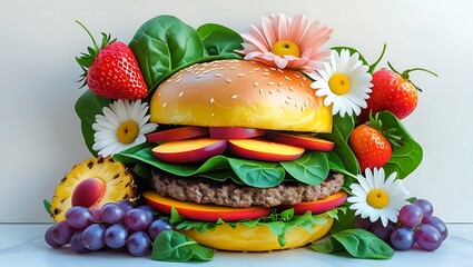a burger crafted using fresh fruits, vegetables, and adorned with delicate flowers,