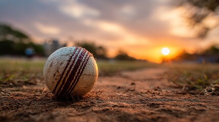 Cricket ball at sunset on dusty field