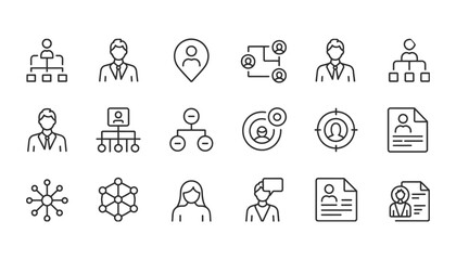 Business management icon set with teamwork and leadership line symbols