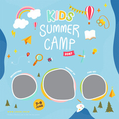 Playful kids summer camp poster in an outdoor forest theme. Features colorful cartoon-style icons for art, mindset, and learning activities. Ideal for school or camp event promotions.
