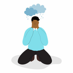 A Man Kneeling and Covering Face in Sadness and Depression.