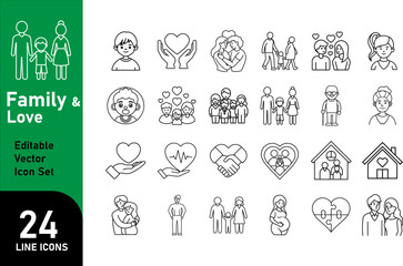 Family & Love Line Editable Icons Set: Modern Thin Line Vector Illustrations of Relationship Symbols – Traditional & LGBTQ Couples, Family Members, Love Icons, and More.