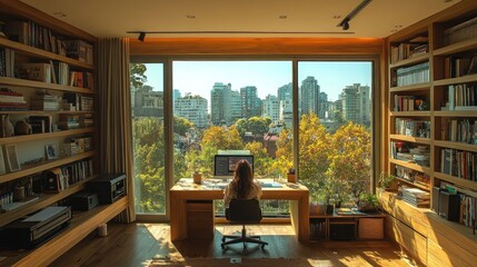 Fototapeta premium Serene Home Office with City View