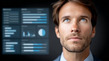 Contemplating Vision: A focused professional, embodying ambition, is engrossed in examining data visualization and information displayed on a digital interface, set against a backdrop.