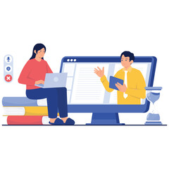 Online Video Conference Illustation. Vector illustration of A student joining an online educational session with a mentor. Isolated on background