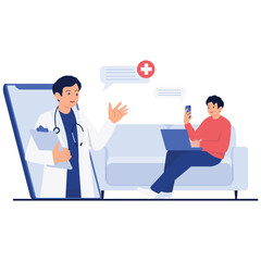 Online Video Conference Illustation. Vector illustration of A man consulting with a doctor through a virtual video call. Isolated on background