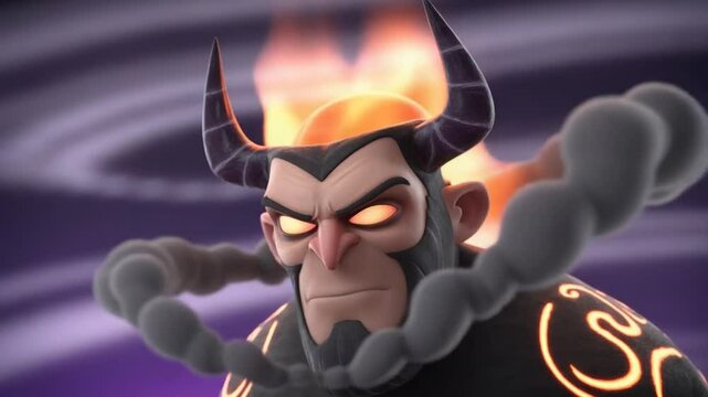 Cartoon Character with Horns and Smoke Effect Animation