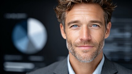 Corporate Confidence: A handsome, professional man, brimming with charisma and intelligence, looks directly at the viewer with an air of assured confidence.